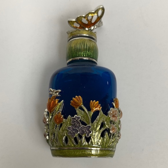 Monet 1980’s Blue and Gold Floral Perfume Bottle with Dropper - Picture 1 of 7